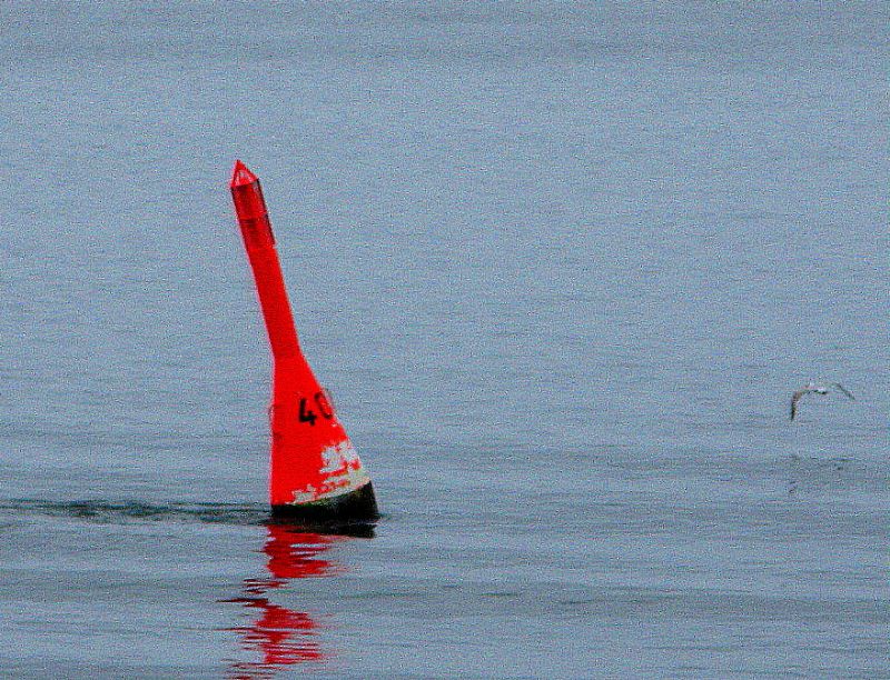 rote Fahrwassertonne an Backbord der W.D.R.-Fähre NORDFRIESLAND