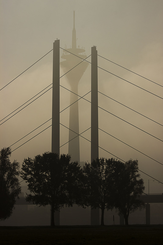Düsseldorf Rheinturm im Nebel